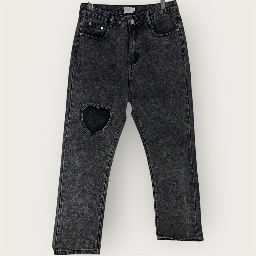 Tal Clothing Acid Wash Heart CutOut Cropped Jeans High Rise Straight Leg Size 30